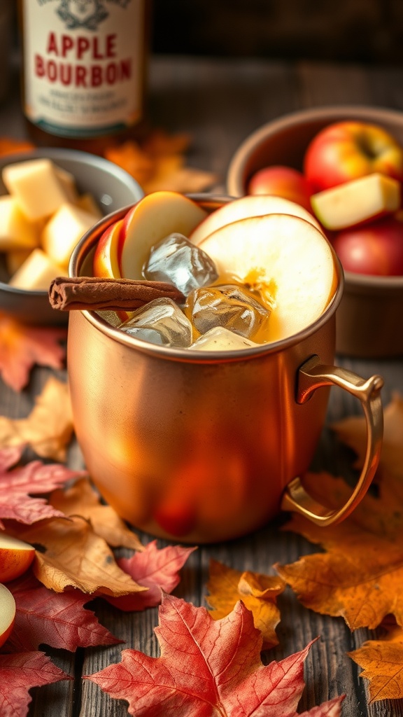 A copper mug filled with Spiced Apple Bourbon Mule cocktail, garnished with apple slices and cinnamon, on a rustic wooden table.